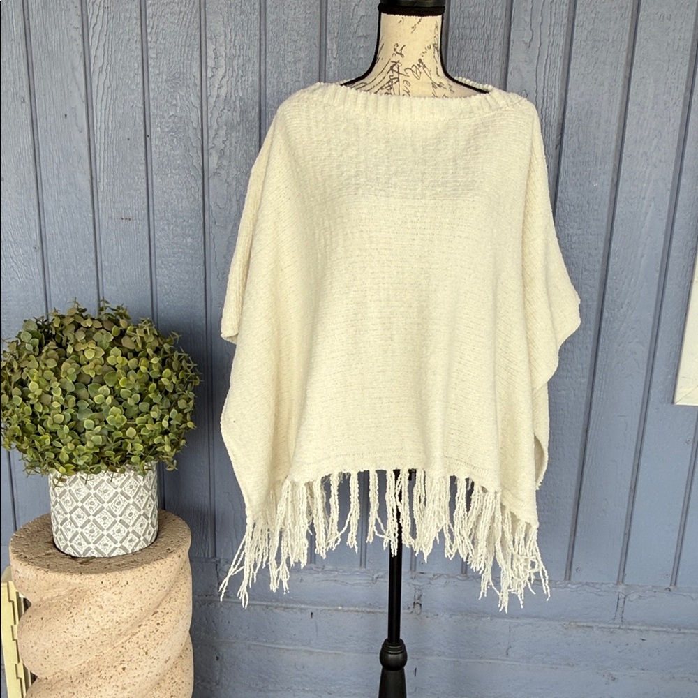 Christopher & Banks Cream Fringe Poncho